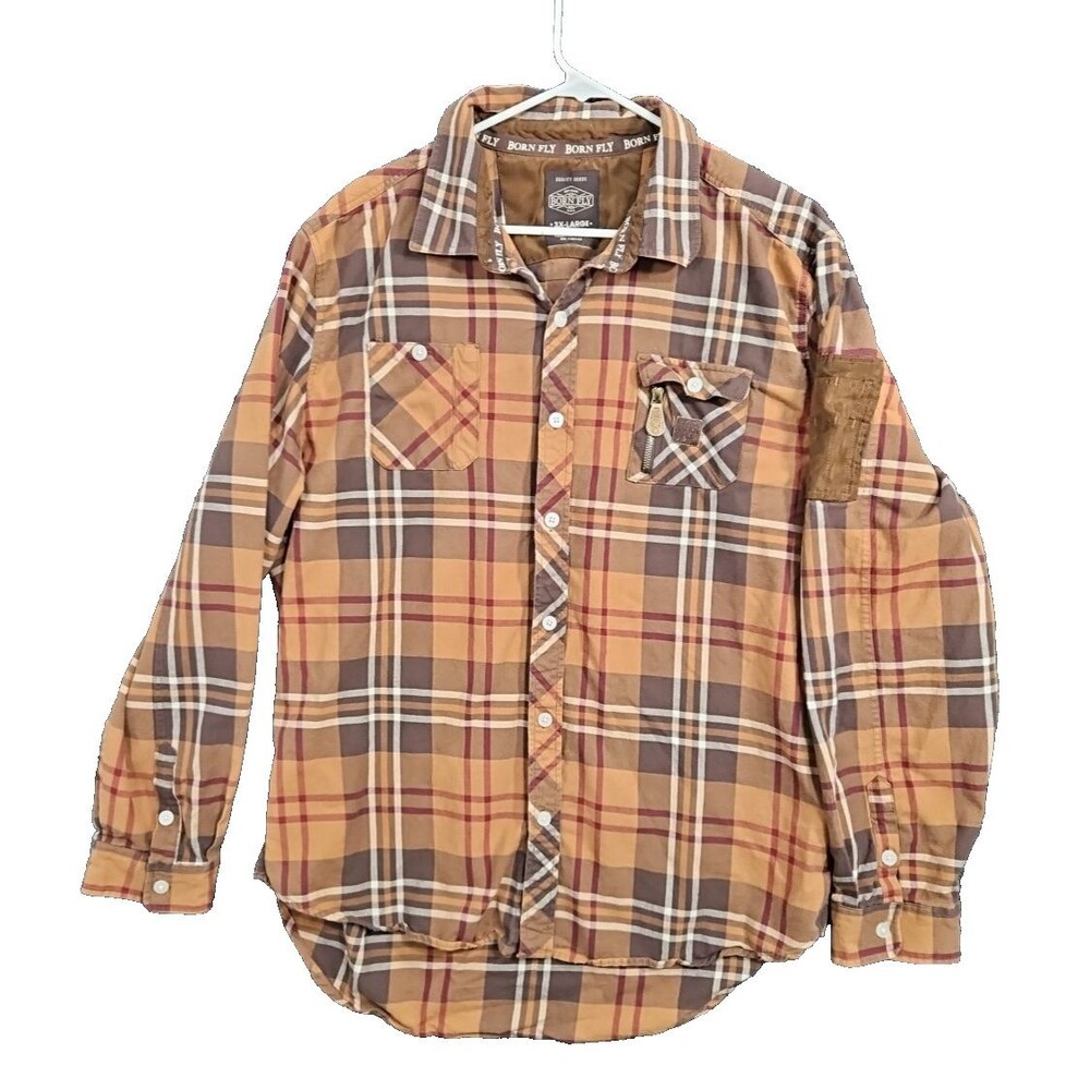 Born Fly Plaid Long Sleeve Men’s Shirt Size 3XL Outdoors Casual Shirt